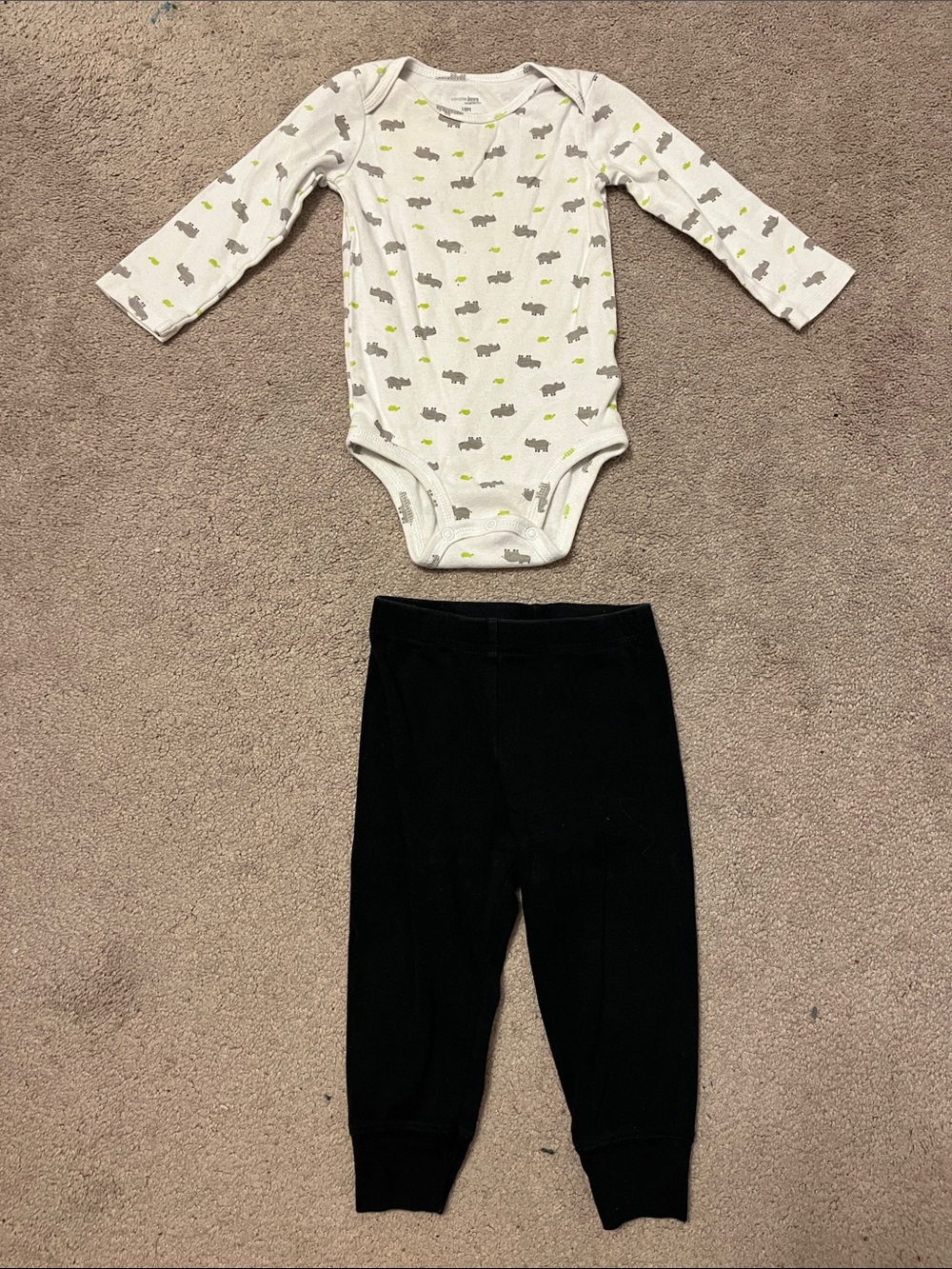 White Long-Sleeve Bodysuit and Black Pants Set with Lime and Gray Rhino Print